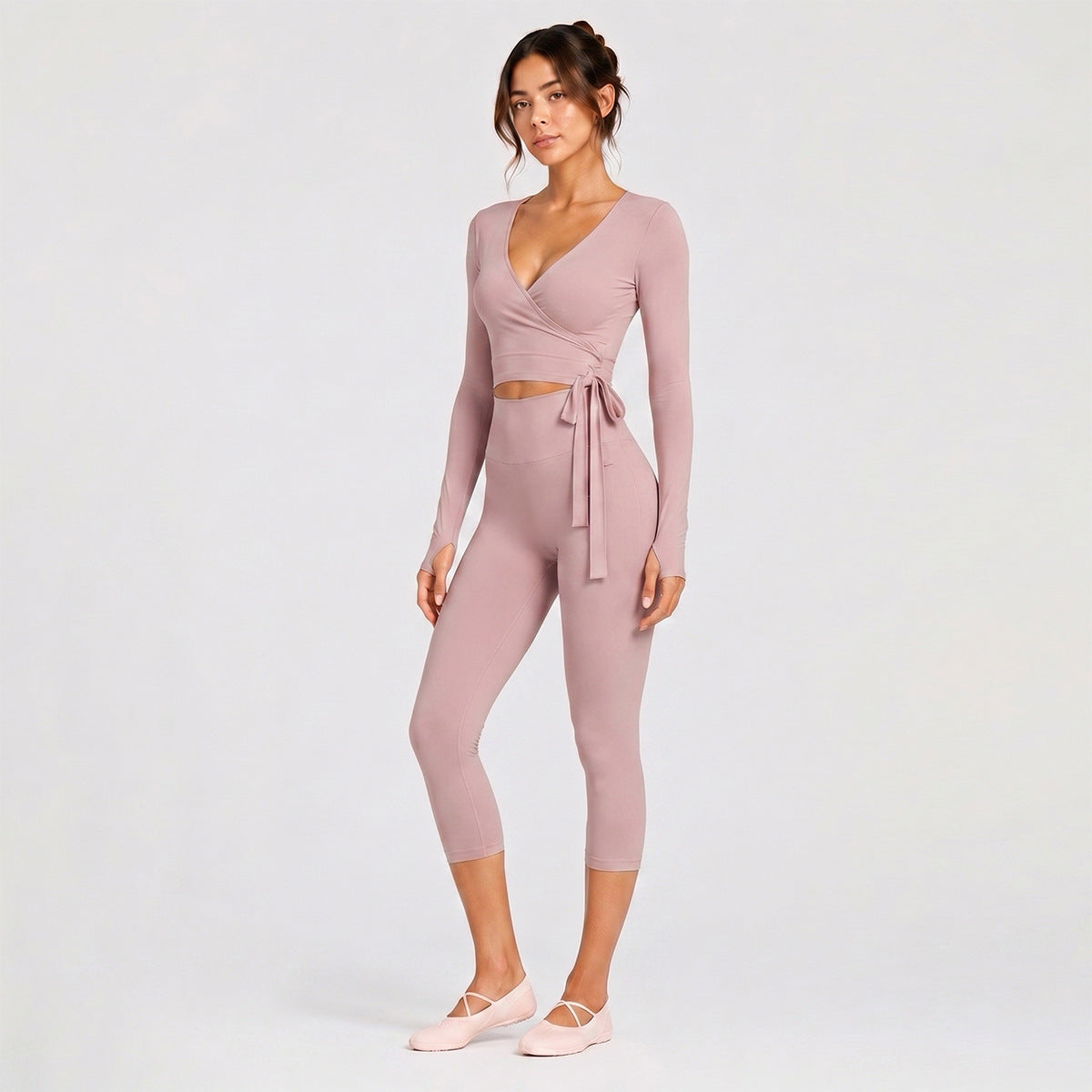 Sporty Calf-Length Yoga Pants For Women In Stretchy Nylon Fabric Featuring Front Tie Detail