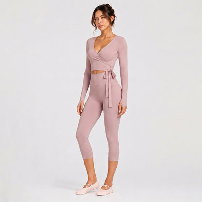 Sporty Calf-Length Yoga Pants For Women In Stretchy Nylon Fabric Featuring Front Tie Detail