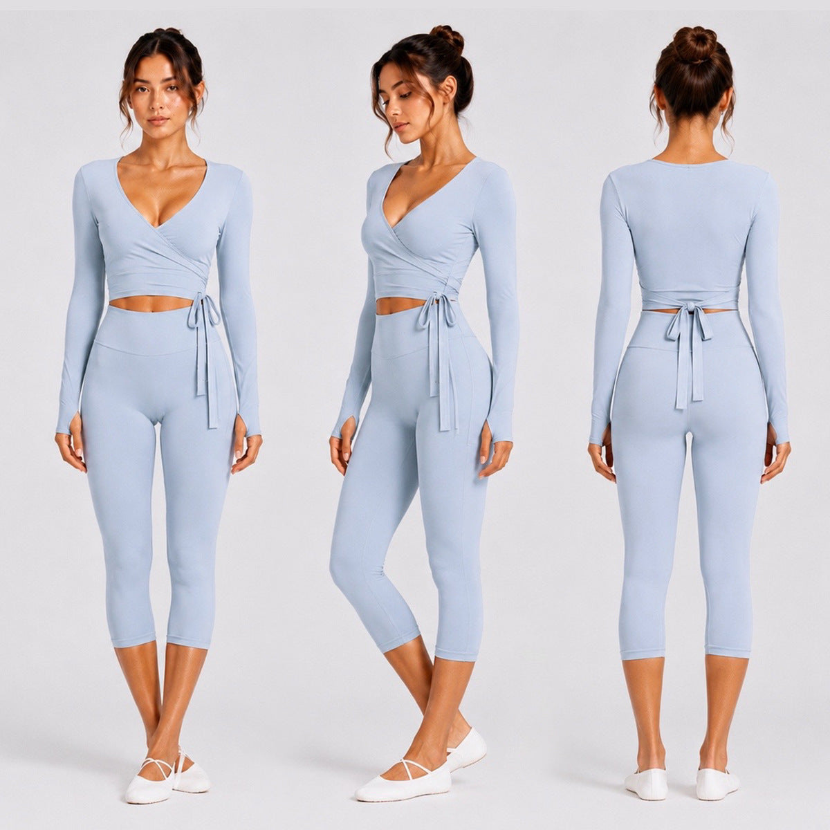 Sporty Calf-Length Yoga Pants For Women In Stretchy Nylon Fabric Featuring Front Tie Detail