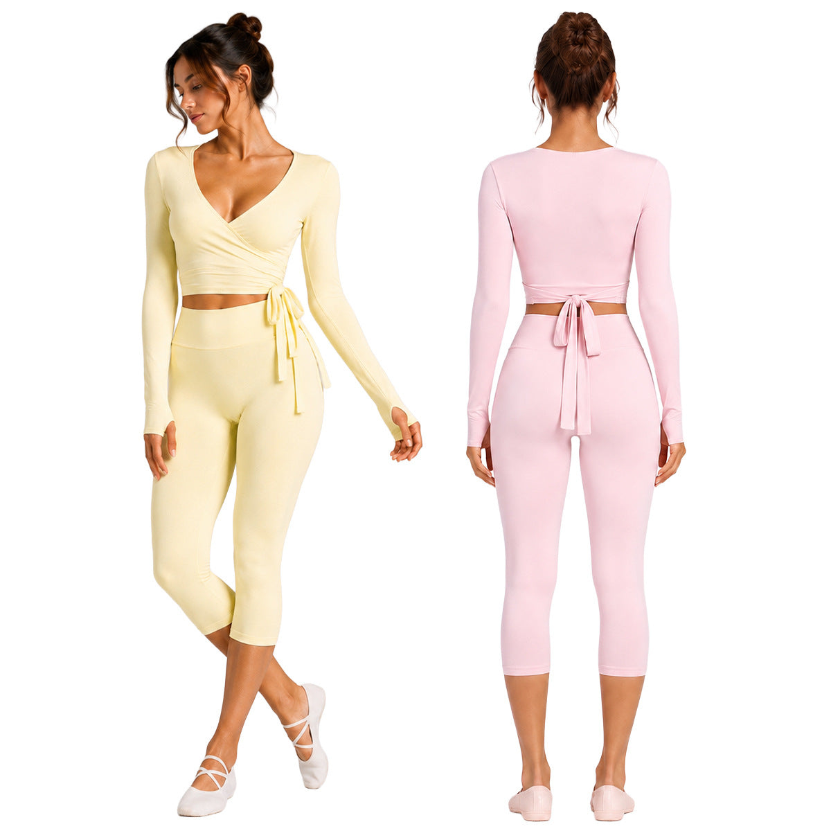 Sporty Calf-Length Yoga Pants For Women In Stretchy Nylon Fabric Featuring Front Tie Detail