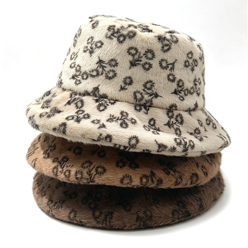 Ditsy Floral Warm Sweet Unisex Bucket Hat With Short Brim, Plush Material And Plush Craft Adult Hat