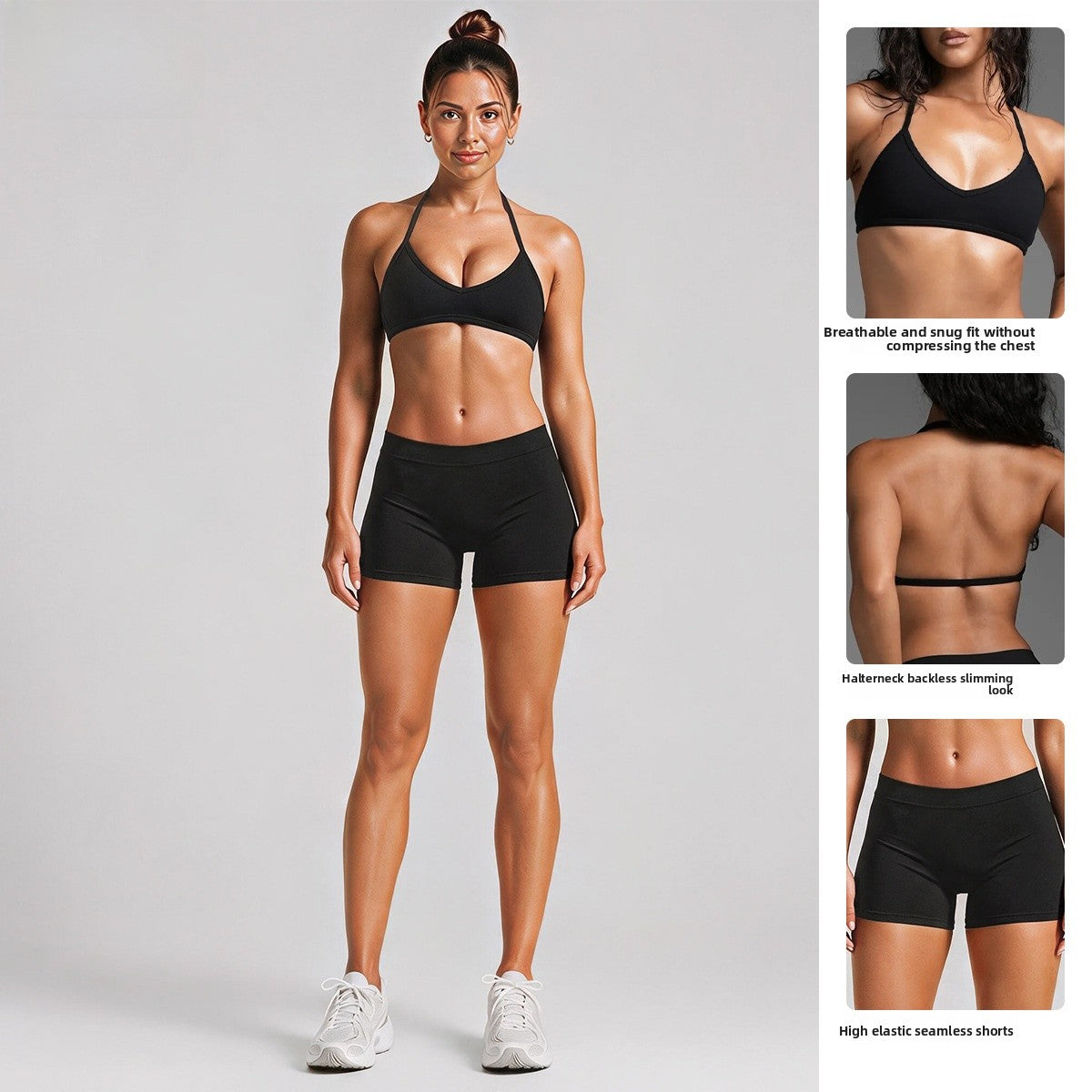 Sport Running Shorts For Women In Stretchy Nylon Fabric Featuring A Backless Design And Sleeveless Style