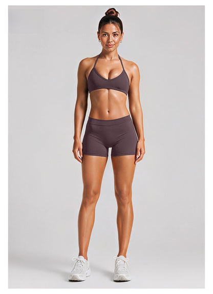 Sport Running Shorts For Women In Stretchy Nylon Fabric Featuring A Backless Design And Sleeveless Style