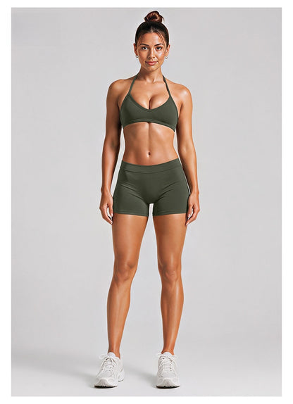 Sport Running Shorts For Women In Stretchy Nylon Fabric Featuring A Backless Design And Sleeveless Style