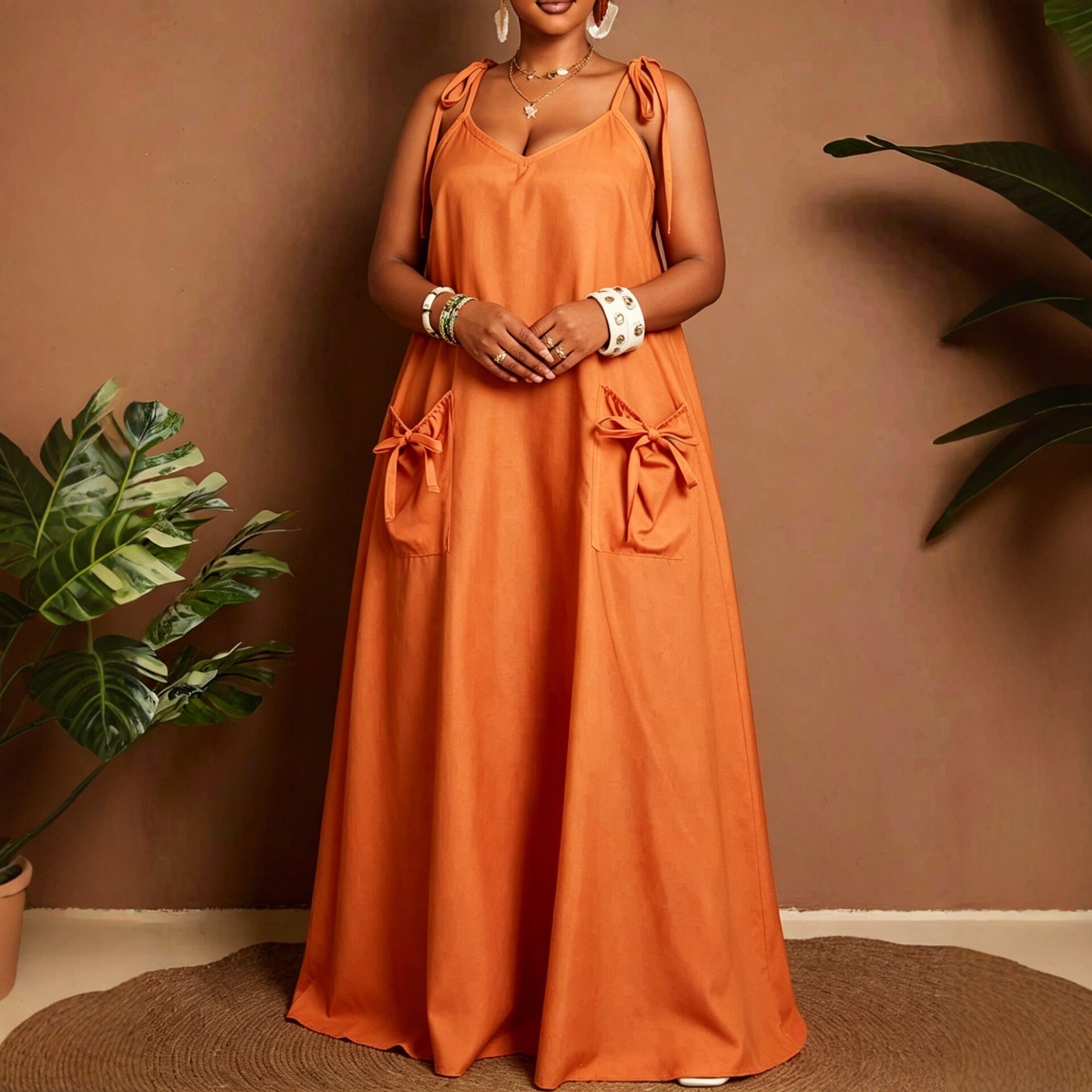 Solid Color Sleeveless U Neck Strap Dress For Women In Polyester, Perfect For Daily Vacation Wear