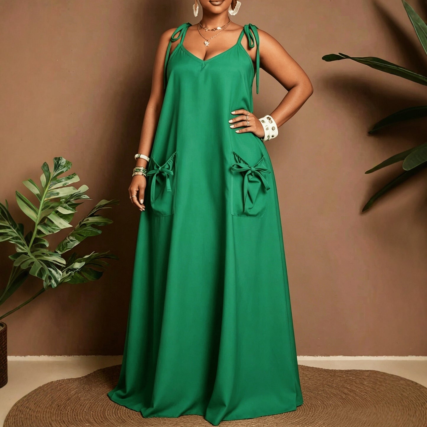 Solid Color Sleeveless U Neck Strap Dress For Women In Polyester, Perfect For Daily Vacation Wear