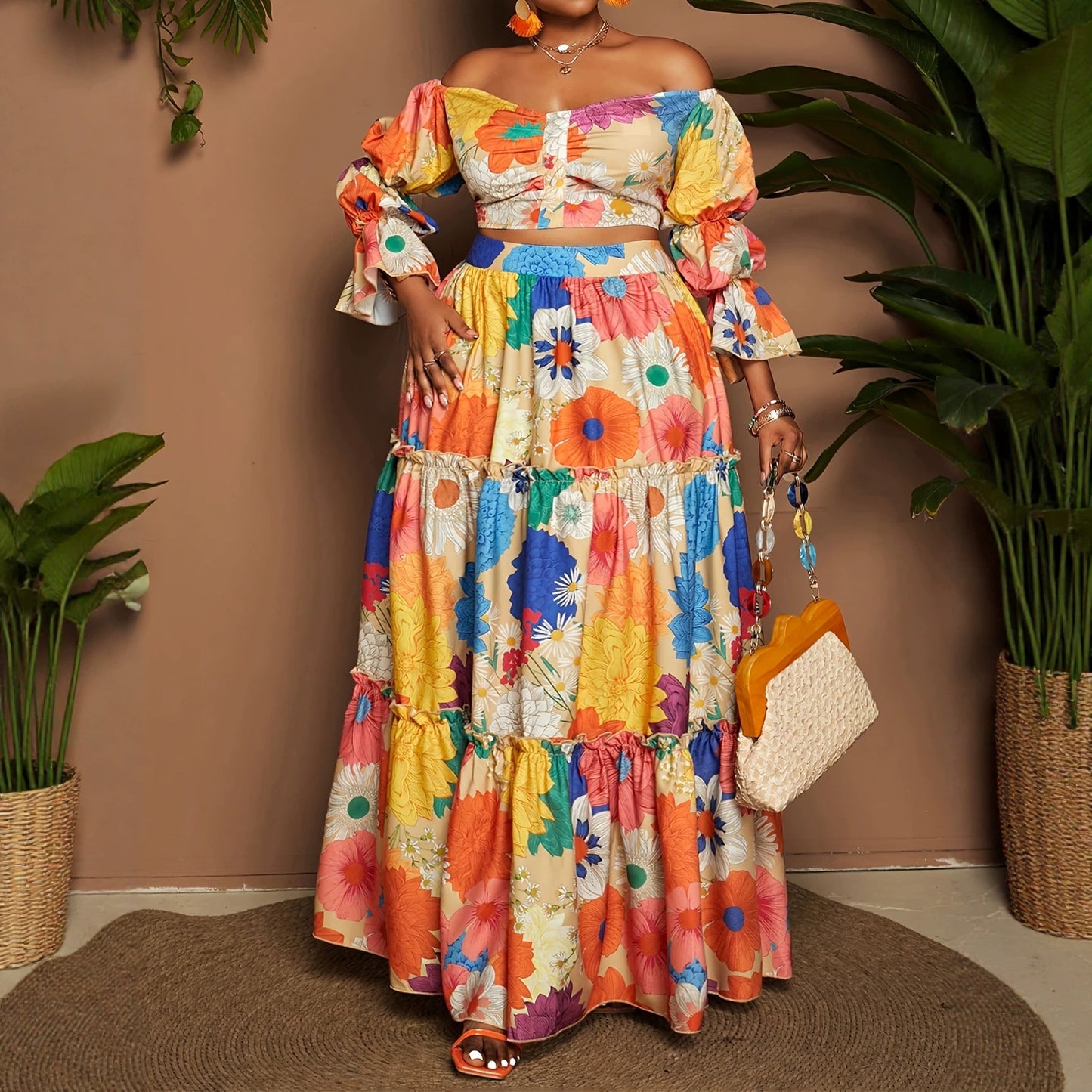 Women’s Multicolor Flowers Wide Leg Pants Pant Co-ord Set In Polyester For Commute