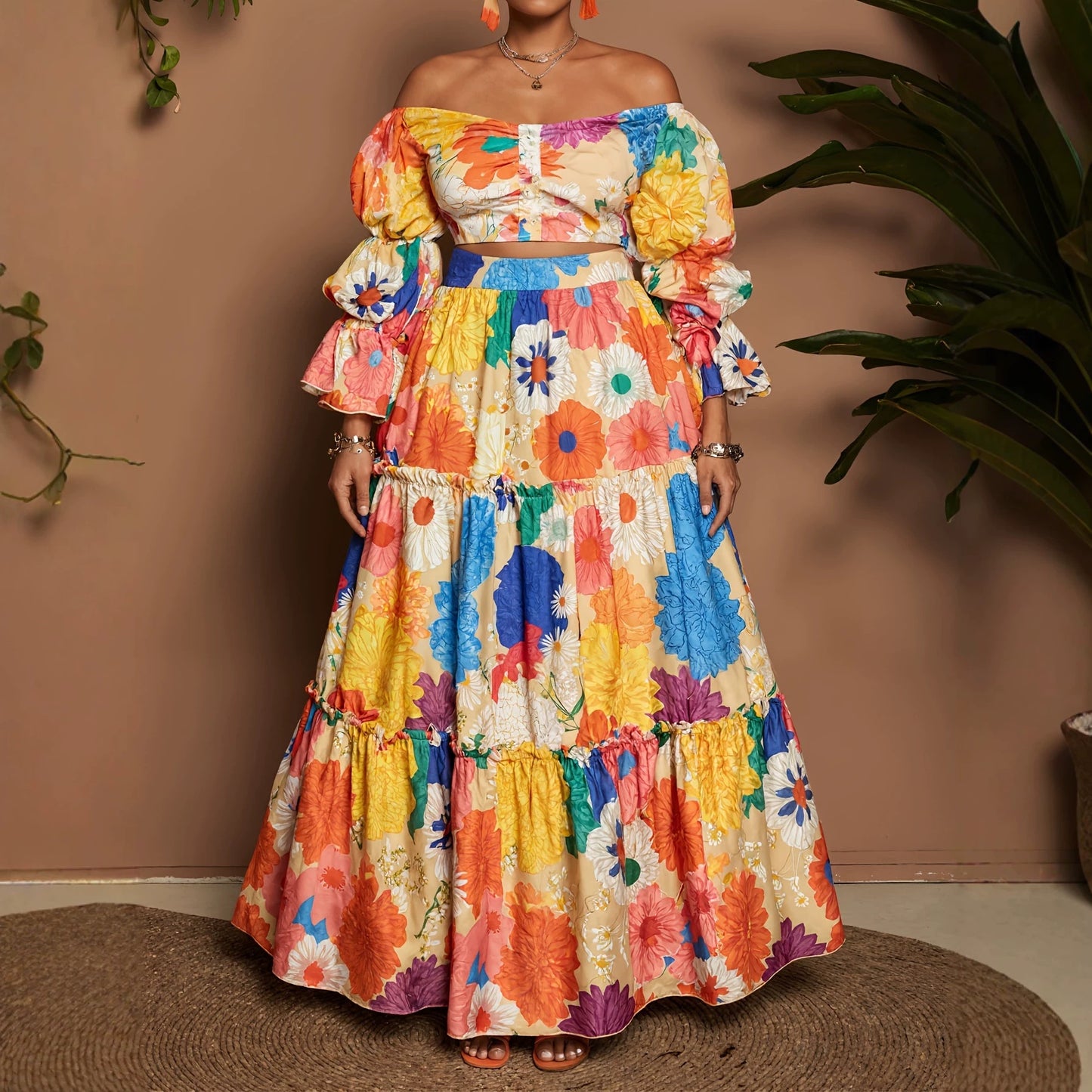 Women’s Multicolor Flowers Wide Leg Pants Pant Co-ord Set In Polyester For Commute