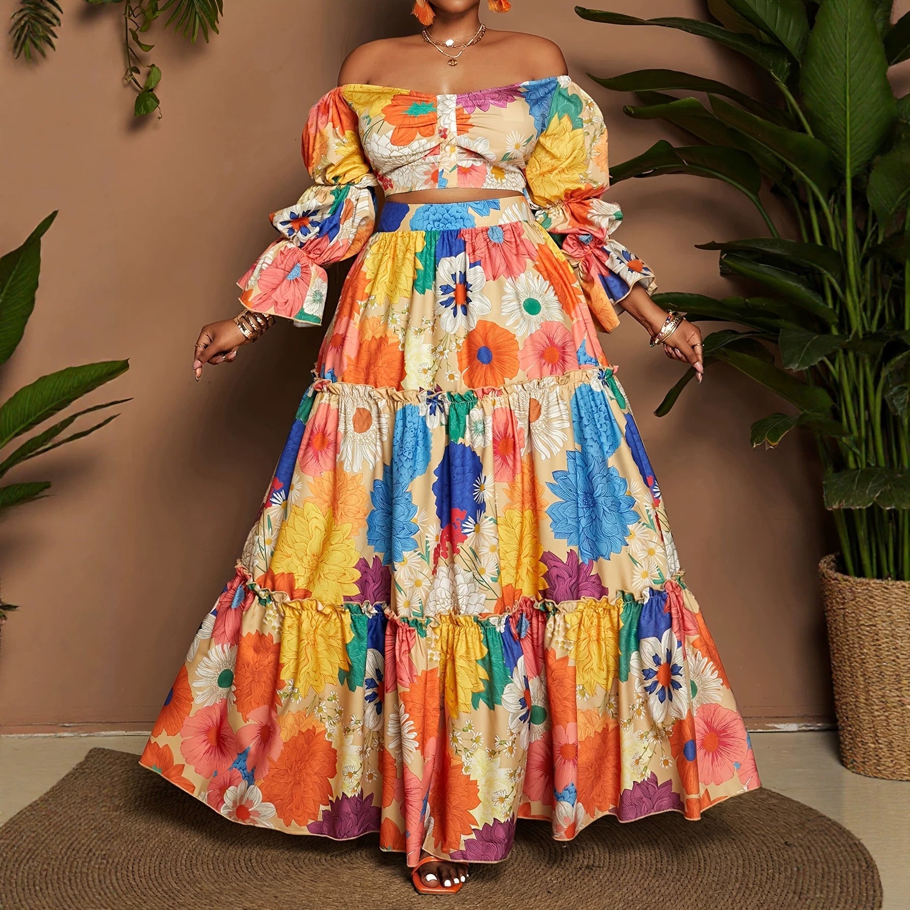 Women’s Multicolor Flowers Wide Leg Pants Pant Co-ord Set In Polyester For Commute