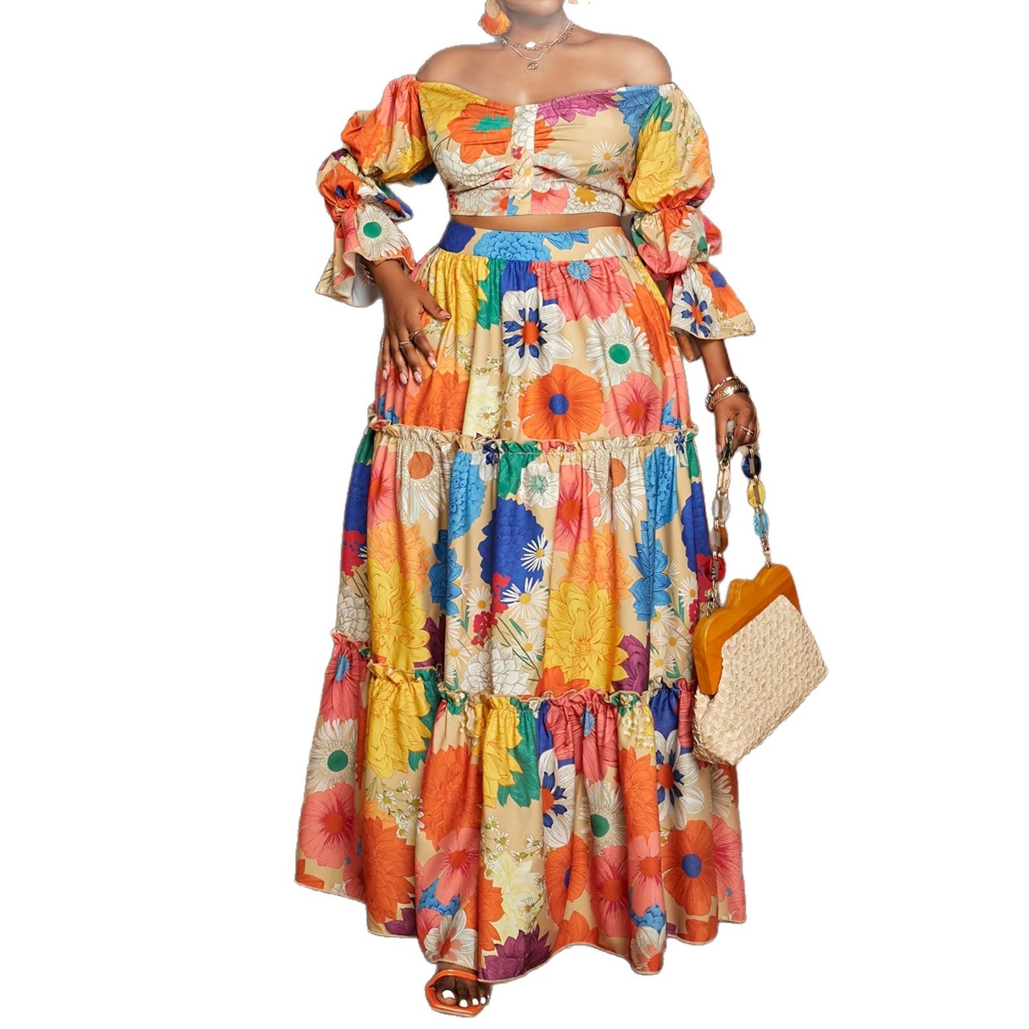 Women’s Multicolor Flowers Wide Leg Pants Pant Co-ord Set In Polyester For Commute