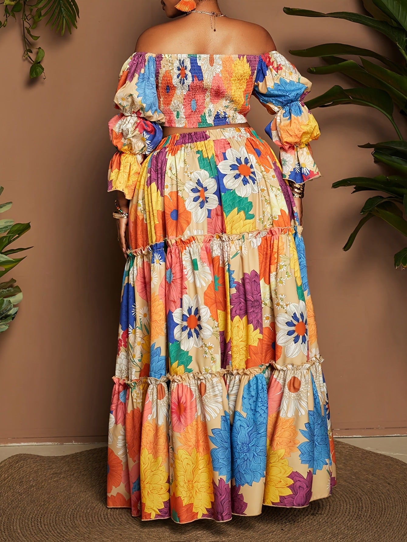 Women’s Multicolor Flowers Wide Leg Pants Pant Co-ord Set In Polyester For Commute