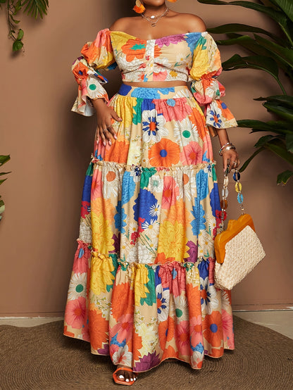 Women’s Multicolor Flowers Wide Leg Pants Pant Co-ord Set In Polyester For Commute