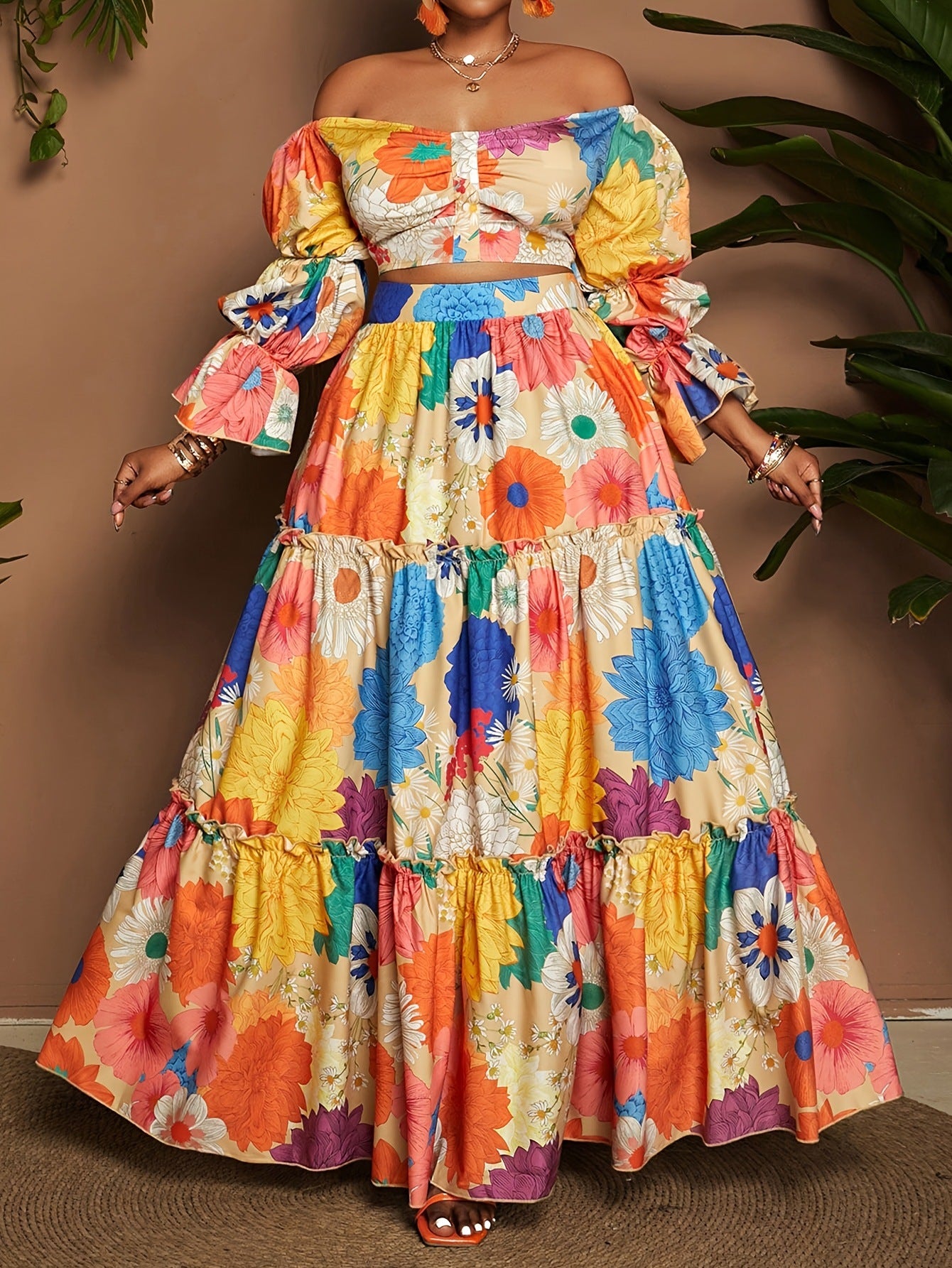 Women’s Multicolor Flowers Wide Leg Pants Pant Co-ord Set In Polyester For Commute