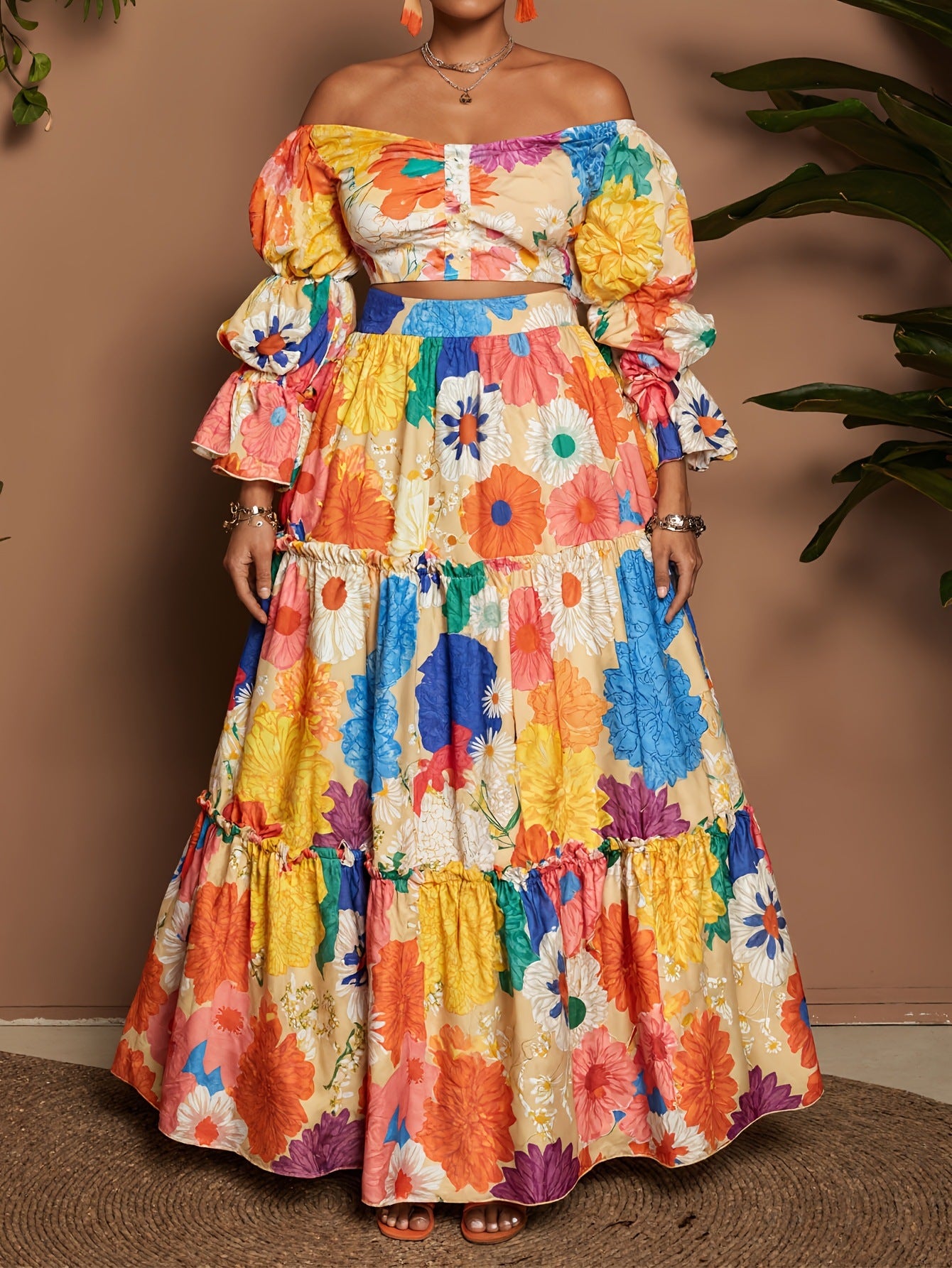 Women’s Multicolor Flowers Wide Leg Pants Pant Co-ord Set In Polyester For Commute