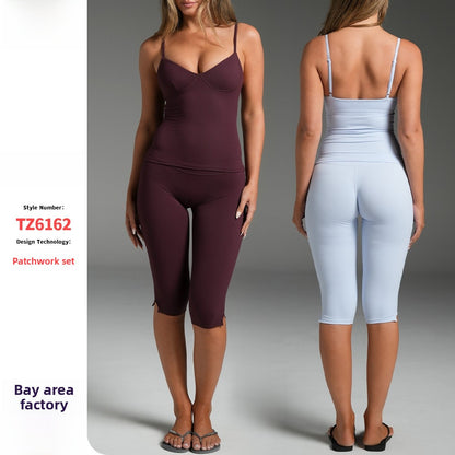 Sporty Yoga Calf-Length Pants For Women In Stretchy Nylon Fabric Featuring Slit Design