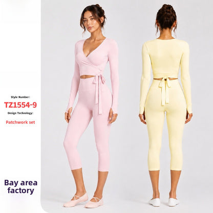 Sporty Calf-Length Yoga Pants For Women In Stretchy Nylon Fabric Featuring Front Tie Detail