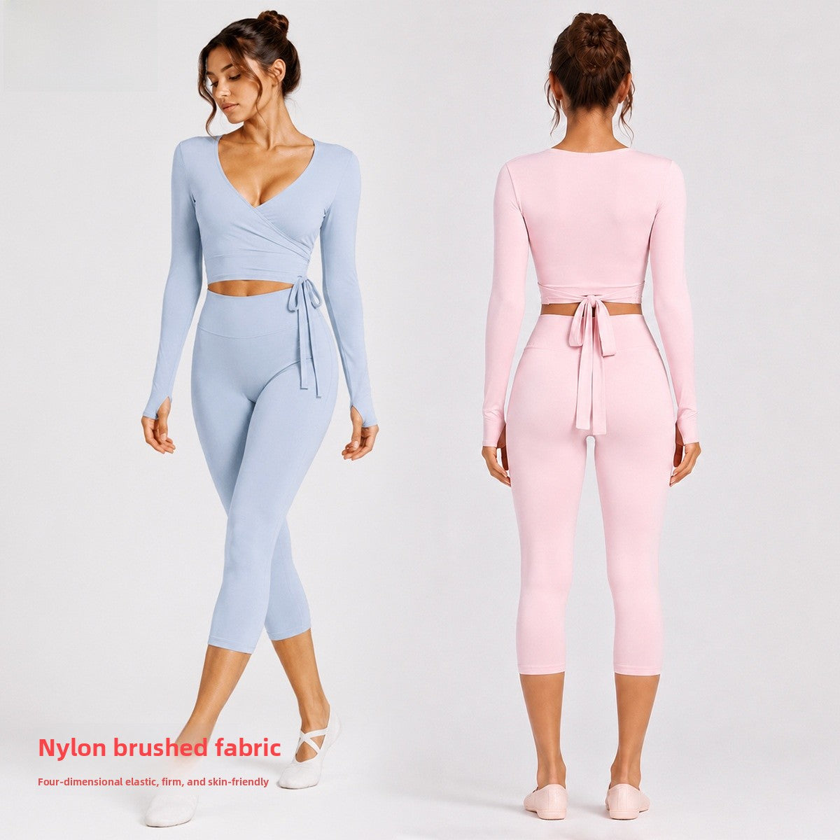 Sporty Calf-Length Yoga Pants For Women In Stretchy Nylon Fabric Featuring Front Tie Detail