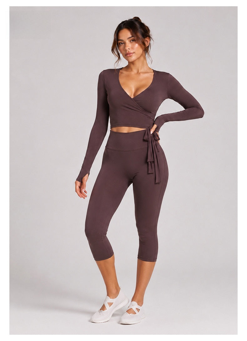 Sporty Calf-Length Yoga Pants For Women In Stretchy Nylon Fabric Featuring Front Tie Detail