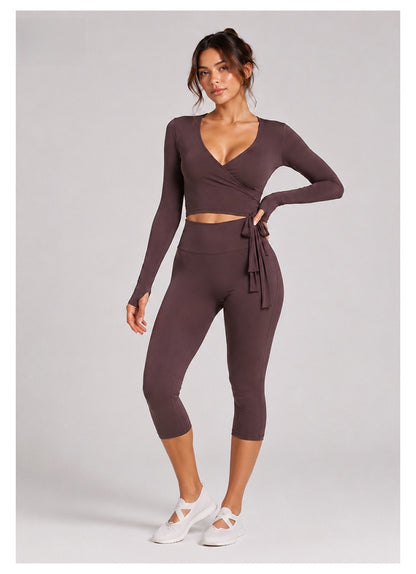Sporty Calf-Length Yoga Pants For Women In Stretchy Nylon Fabric Featuring Front Tie Detail