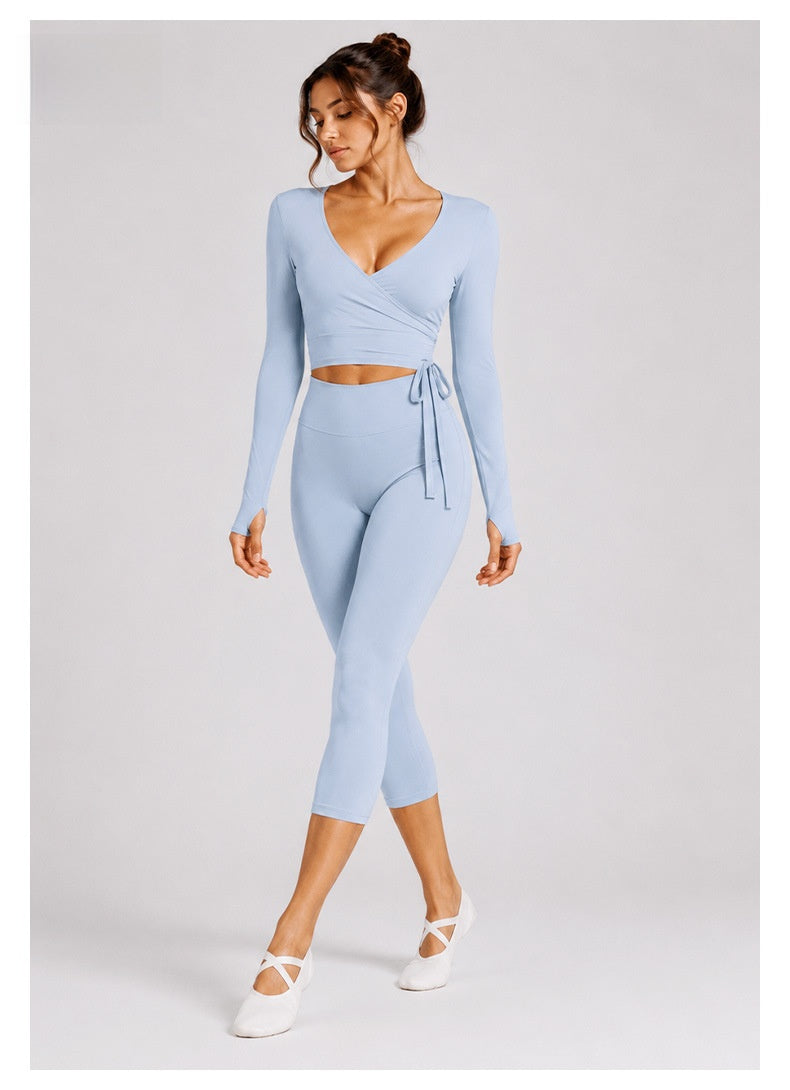 Sporty Calf-Length Yoga Pants For Women In Stretchy Nylon Fabric Featuring Front Tie Detail