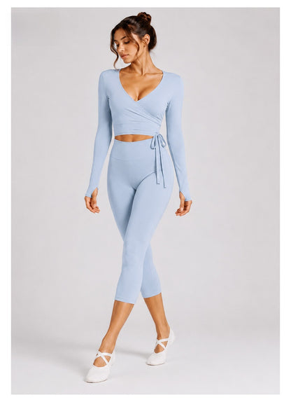 Sporty Calf-Length Yoga Pants For Women In Stretchy Nylon Fabric Featuring Front Tie Detail