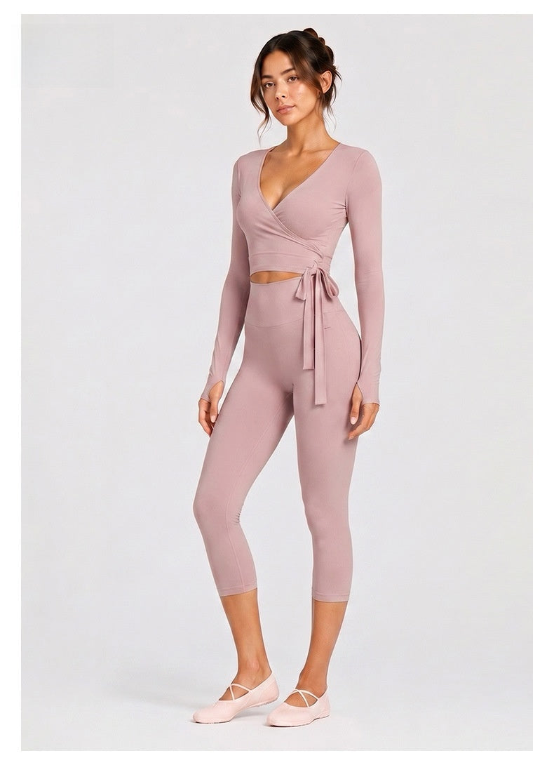 Sporty Calf-Length Yoga Pants For Women In Stretchy Nylon Fabric Featuring Front Tie Detail