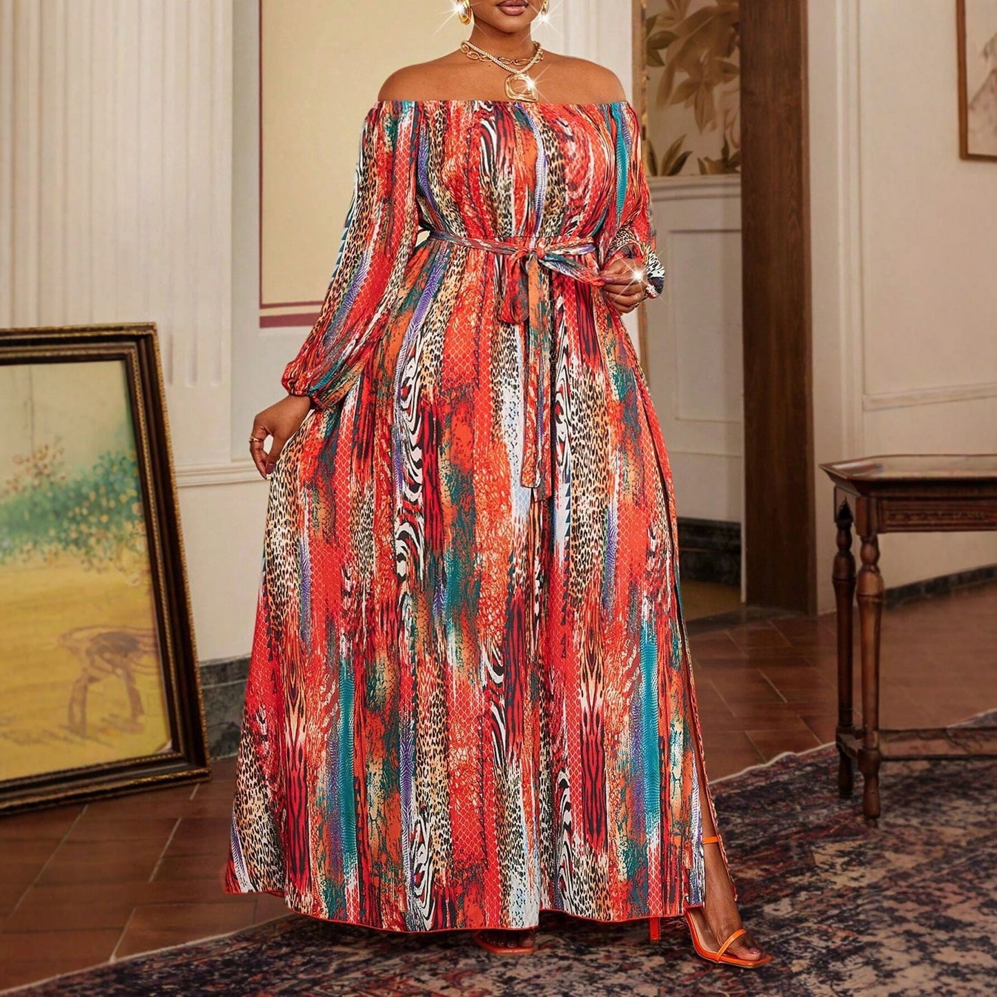 Printing Long Sleeve Boat Neck Regular Dress For Women In Polyester, Perfect For Travel And Vacation