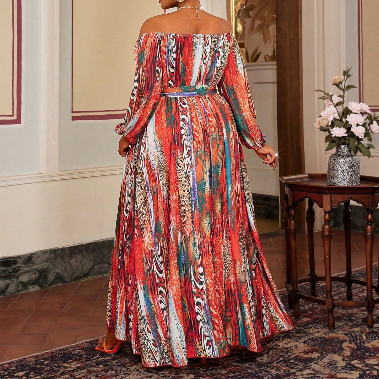 Printing Long Sleeve Boat Neck Regular Dress For Women In Polyester, Perfect For Travel And Vacation