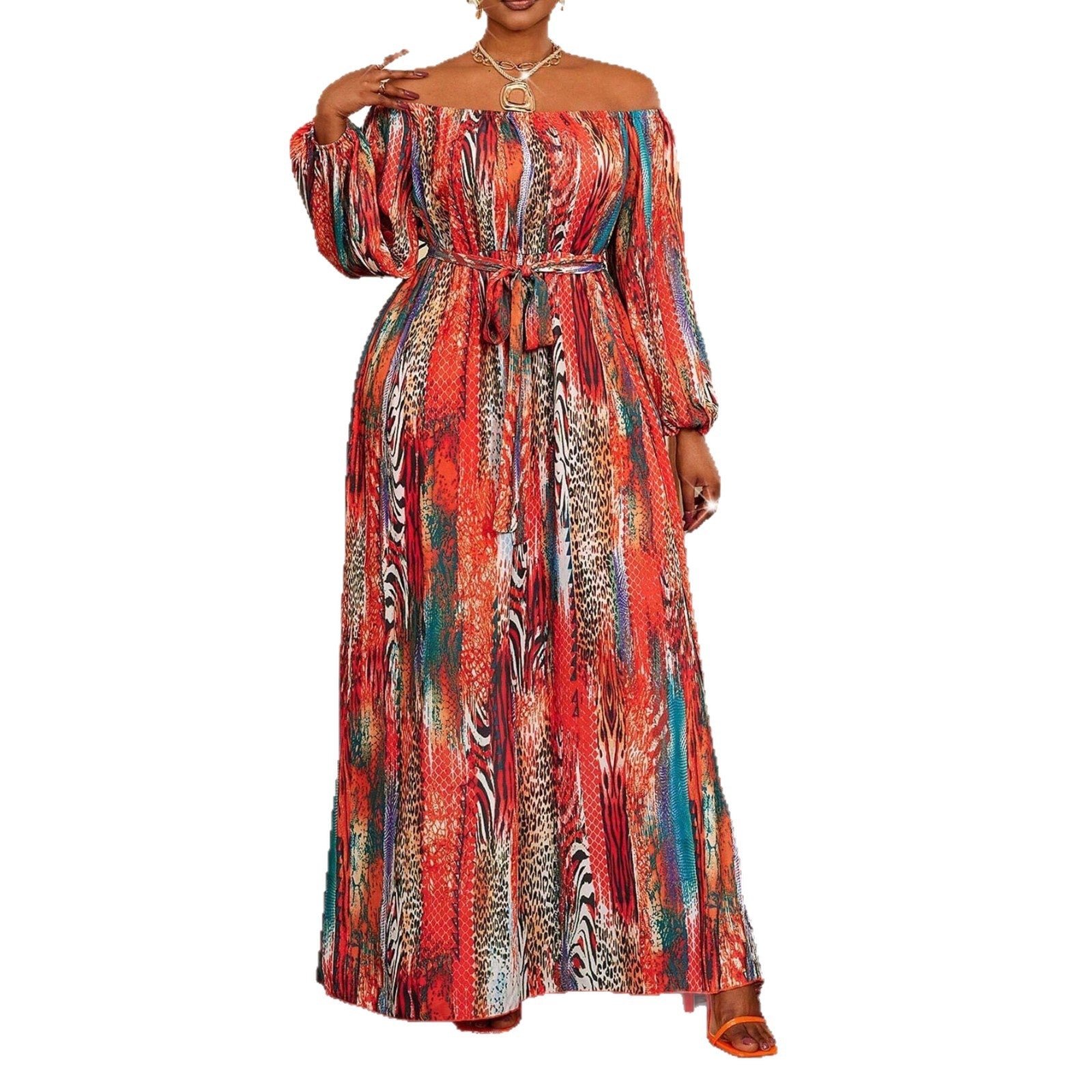 Printing Long Sleeve Boat Neck Regular Dress For Women In Polyester, Perfect For Travel And Vacation