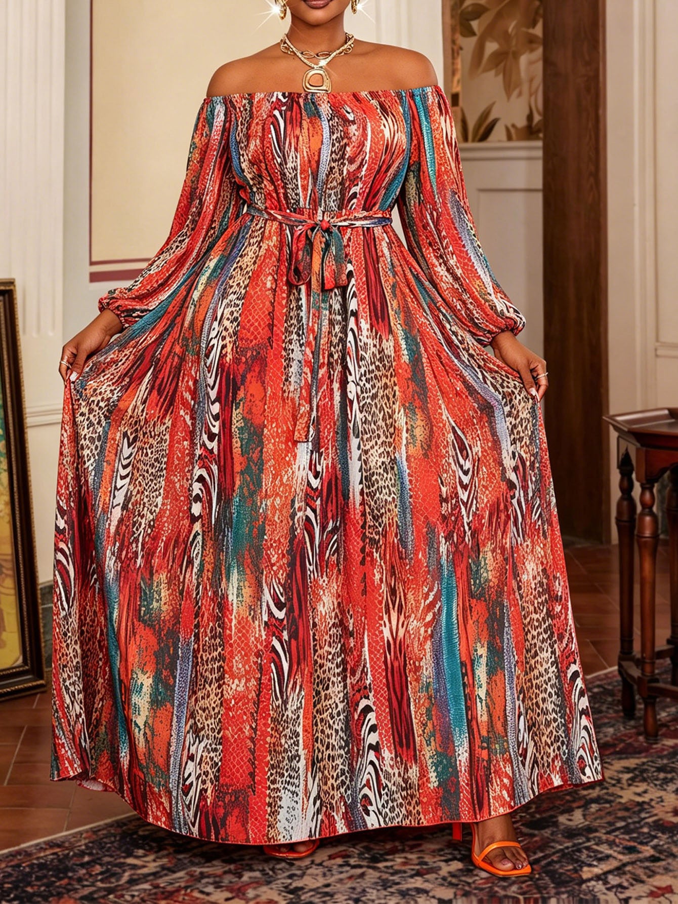 Printing Long Sleeve Boat Neck Regular Dress For Women In Polyester, Perfect For Travel And Vacation