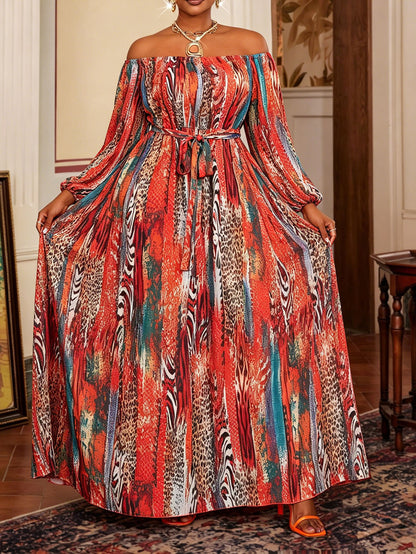 Printing Long Sleeve Boat Neck Regular Dress For Women In Polyester, Perfect For Travel And Vacation