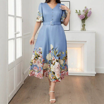 Women's V Neck Flowers Dress In Polyester With Printing, Perfect For Vacation And Date