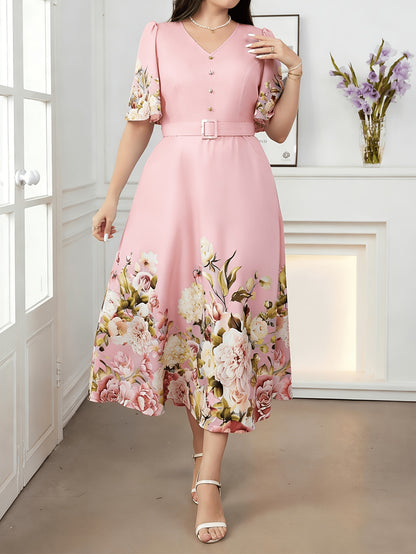 Women's V Neck Flowers Dress In Polyester With Printing, Perfect For Vacation And Date