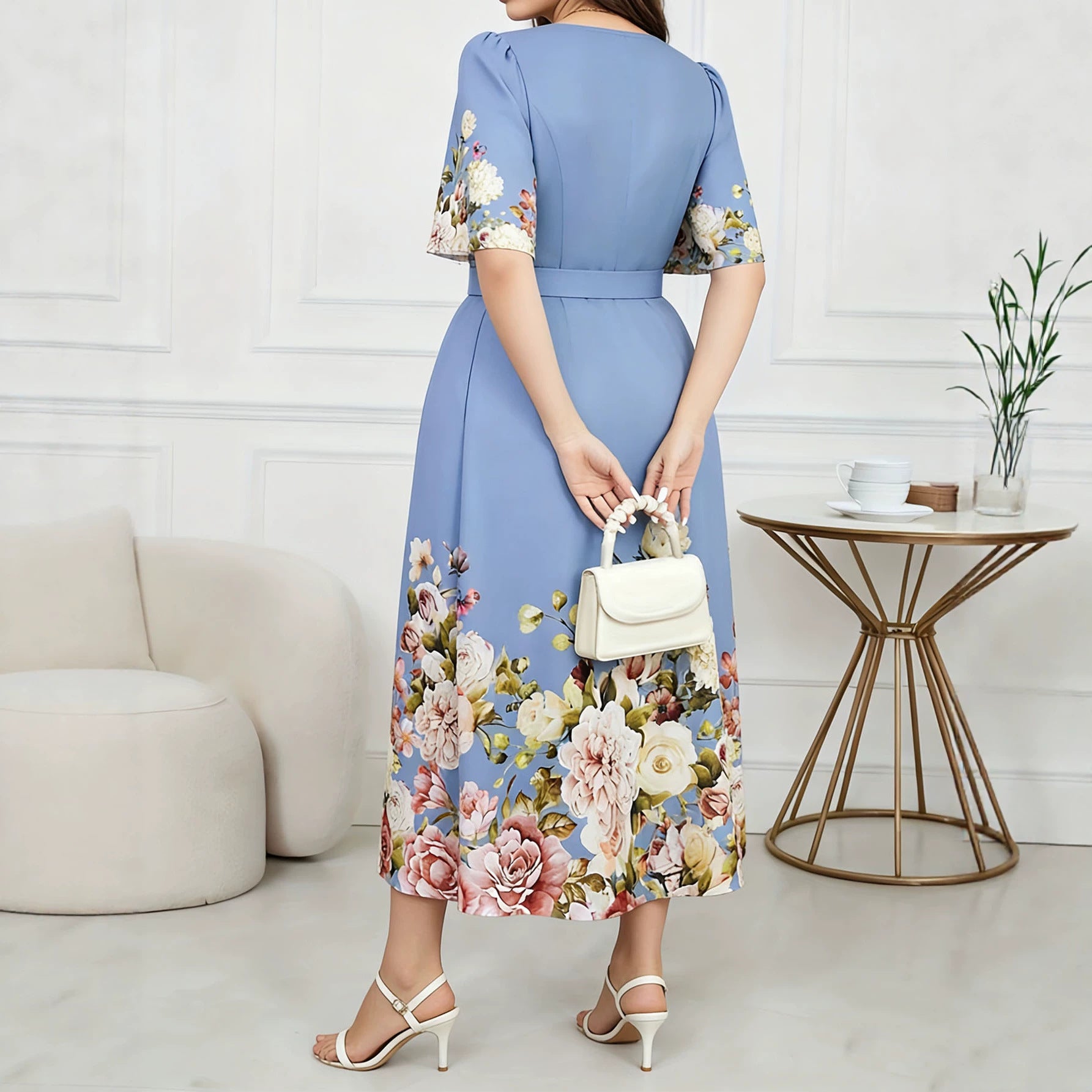 Women's V Neck Flowers Dress In Polyester With Printing, Perfect For Vacation And Date