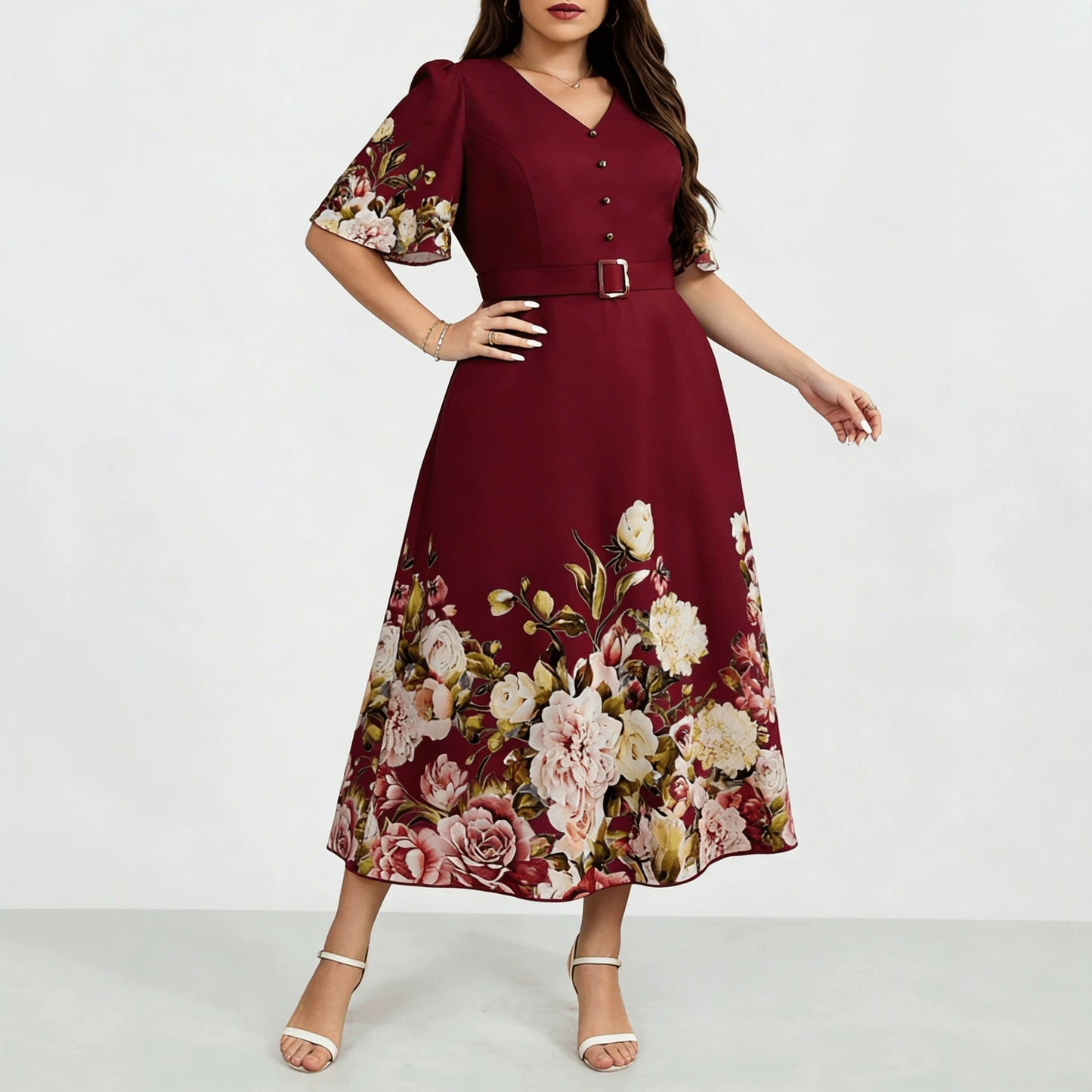 Women's V Neck Flowers Dress In Polyester With Printing, Perfect For Vacation And Date