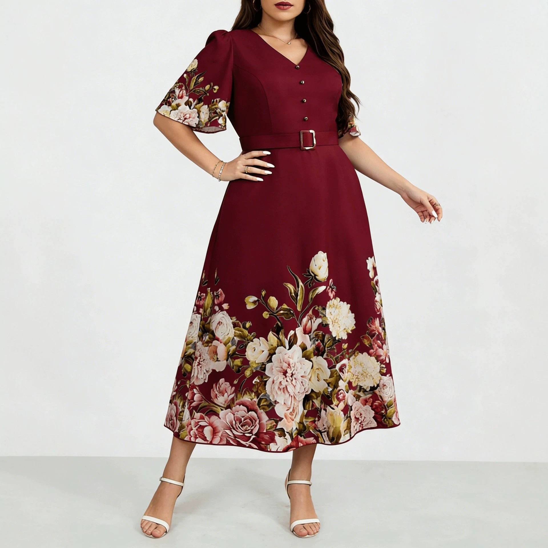 Women's V Neck Flowers Dress In Polyester With Printing, Perfect For Vacation And Date