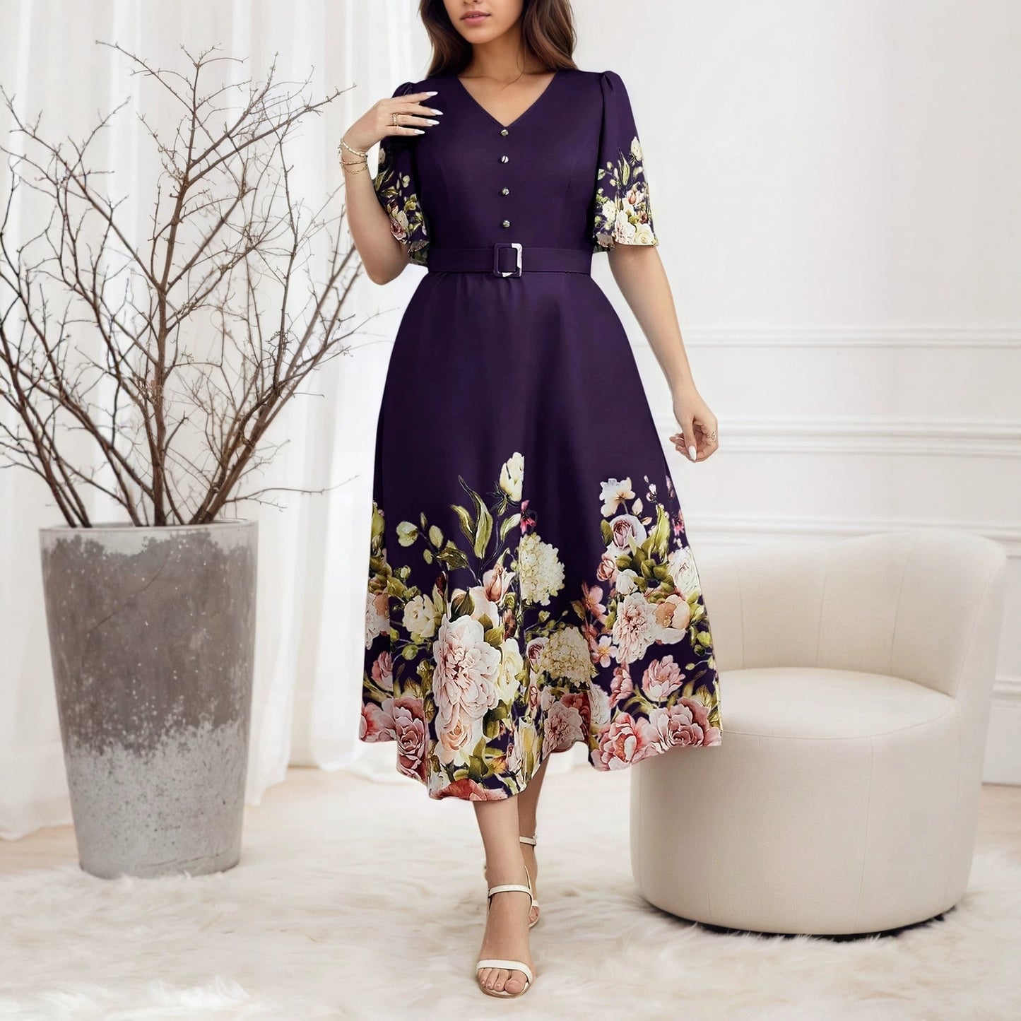 Women's V Neck Flowers Dress In Polyester With Printing, Perfect For Vacation And Date