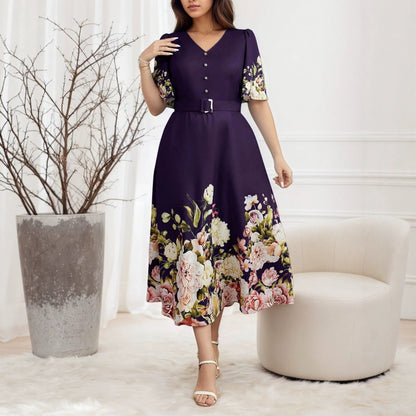 Women's V Neck Flowers Dress In Polyester With Printing, Perfect For Vacation And Date