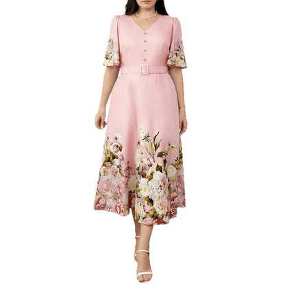 Women's V Neck Flowers Dress In Polyester With Printing, Perfect For Vacation And Date