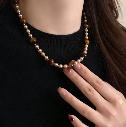 Maillard Style Beaded Chain Necklace With Electroplated Gold Plating Featuring Natural Stone Pendant And Imitation Pearl Beads
