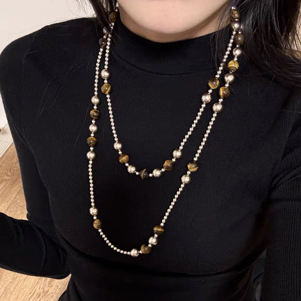 Maillard Style Beaded Chain Necklace With Electroplated Gold Plating Featuring Natural Stone Pendant And Imitation Pearl Beads