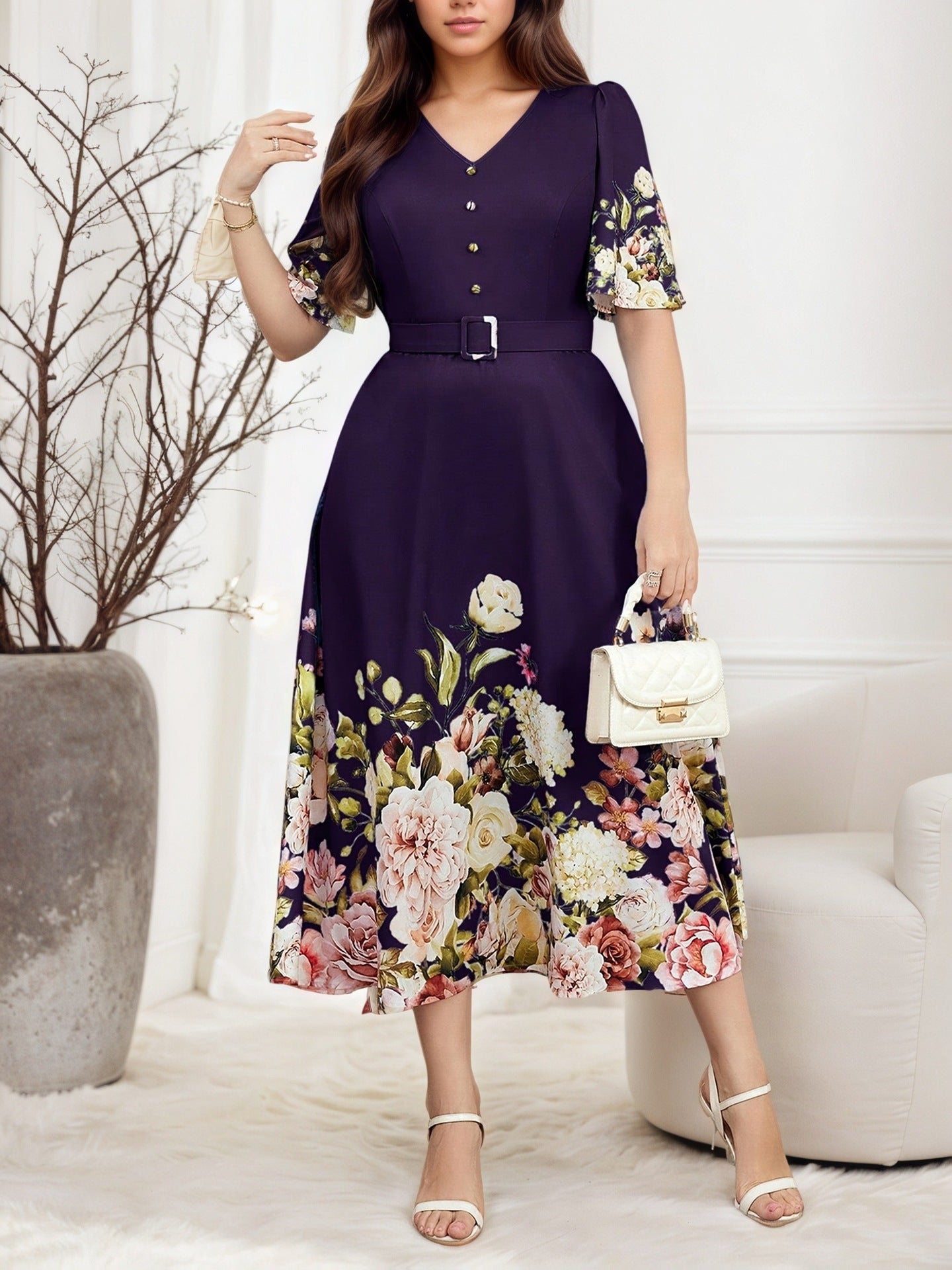 Women's V Neck Flowers Dress In Polyester With Printing, Perfect For Vacation And Date