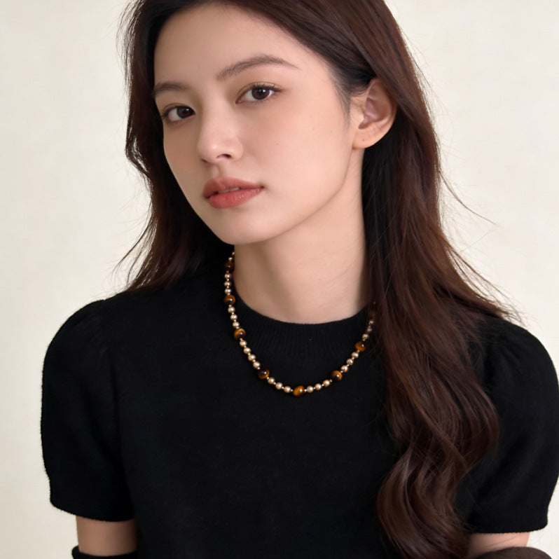 Maillard Style Beaded Chain Necklace With Electroplated Gold Plating Featuring Natural Stone Pendant And Imitation Pearl Beads