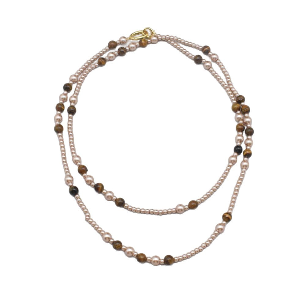 Maillard Style Beaded Chain Necklace With Electroplated Gold Plating Featuring Natural Stone Pendant And Imitation Pearl Beads