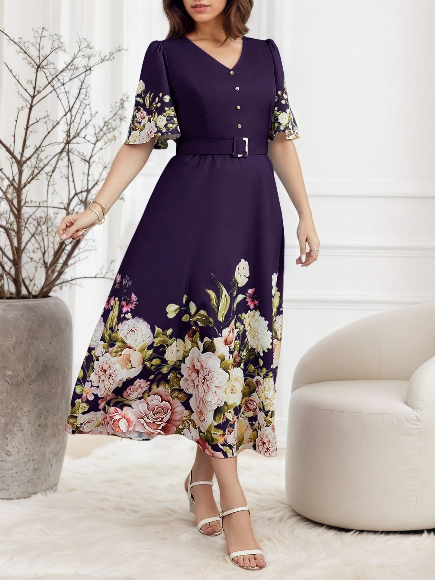 Women's V Neck Flowers Dress In Polyester With Printing, Perfect For Vacation And Date