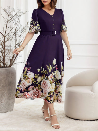 Women's V Neck Flowers Dress In Polyester With Printing, Perfect For Vacation And Date