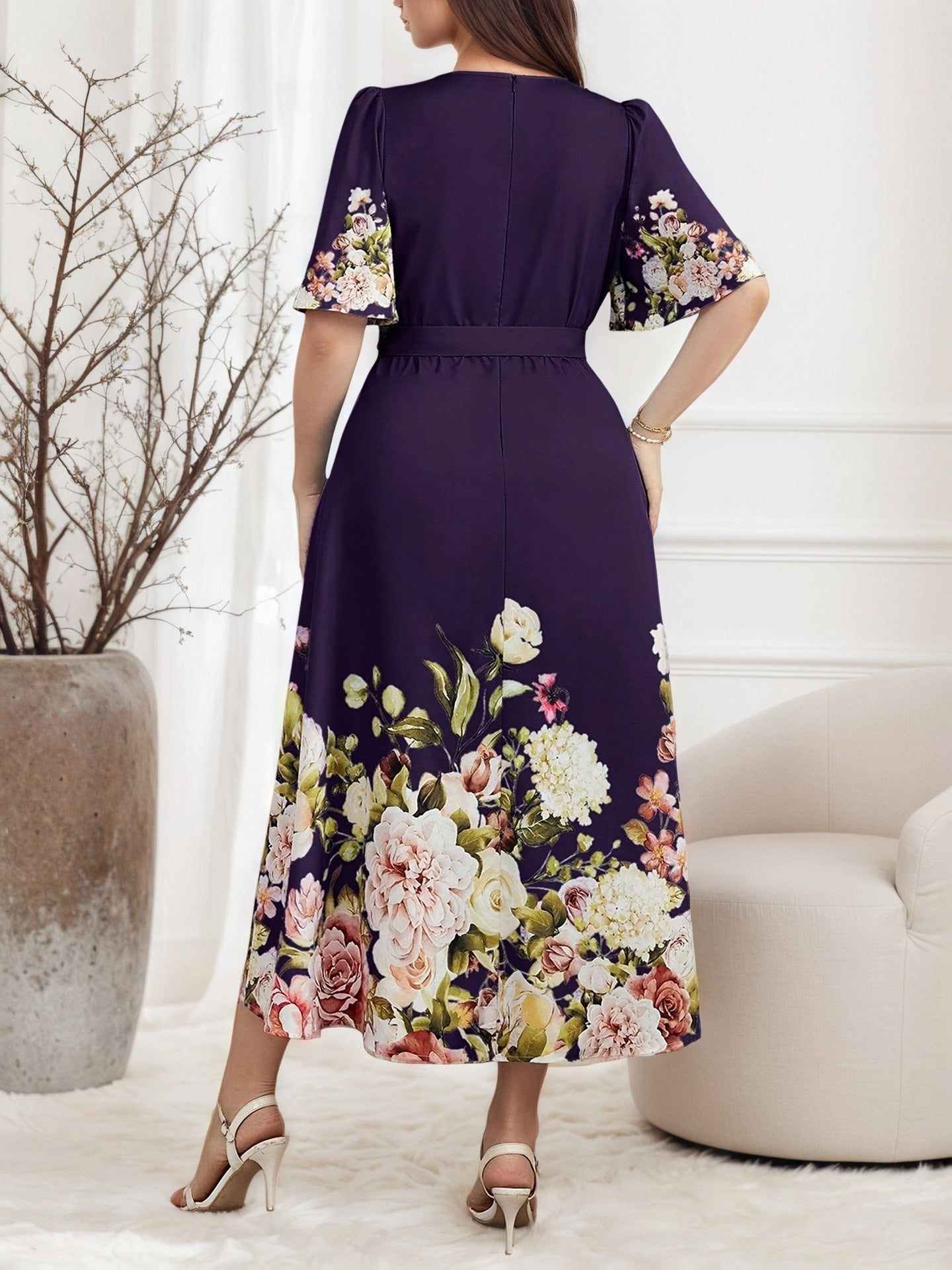 Women's V Neck Flowers Dress In Polyester With Printing, Perfect For Vacation And Date