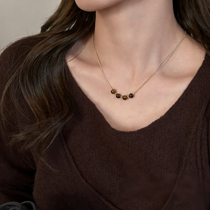 Maillard Style Beaded Chain Necklace With Electroplated Gold Plating Featuring Natural Stone Pendant And Imitation Pearl Beads