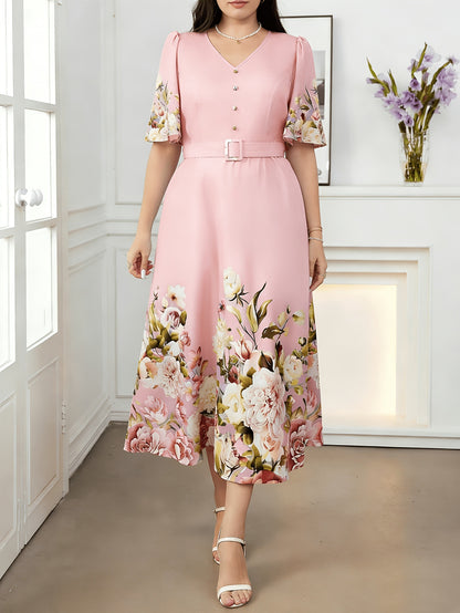 Women's V Neck Flowers Dress In Polyester With Printing, Perfect For Vacation And Date