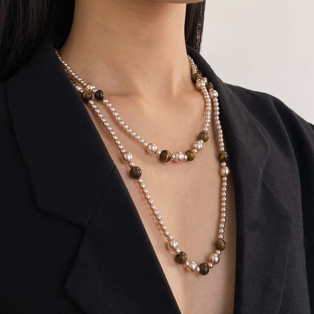 Maillard Style Beaded Chain Necklace With Electroplated Gold Plating Featuring Natural Stone Pendant And Imitation Pearl Beads